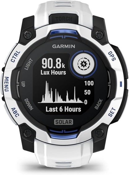 Garmin Instinct® 3 – 45 mm, Solar, Rugged Outdoor GPS Smartwatch, Built-in Flashlight, Supernova Collection Limited Edition Color, Whitestone with Whitestone/Bolt Blue Silicone Band