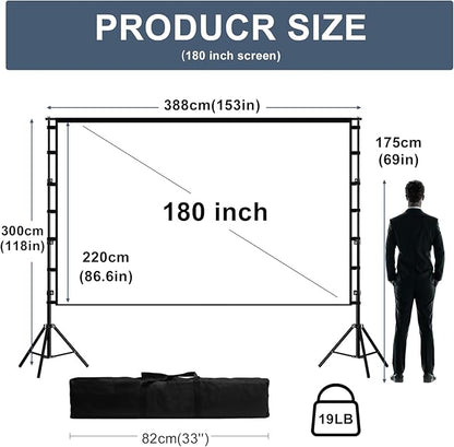 180 inch Projector Screen with Stand,HUANYINGBJB Outside Projection Screen, Portable 16:9 4K HD Rear Front Movie Screen with Carry Bag for Theater Backyard Movie Night,Cinema School, Churches,Parties