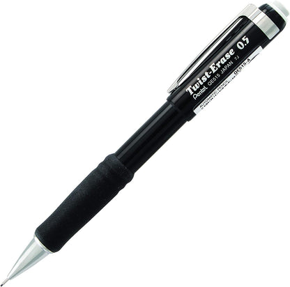 Pentel Mechanical Pencil 0.5 mm Twist Erase III, Twist Up Eraser, Pre-Loaded Super Hi-Polymer HB Lead, Black Barrel, 3-Pack
