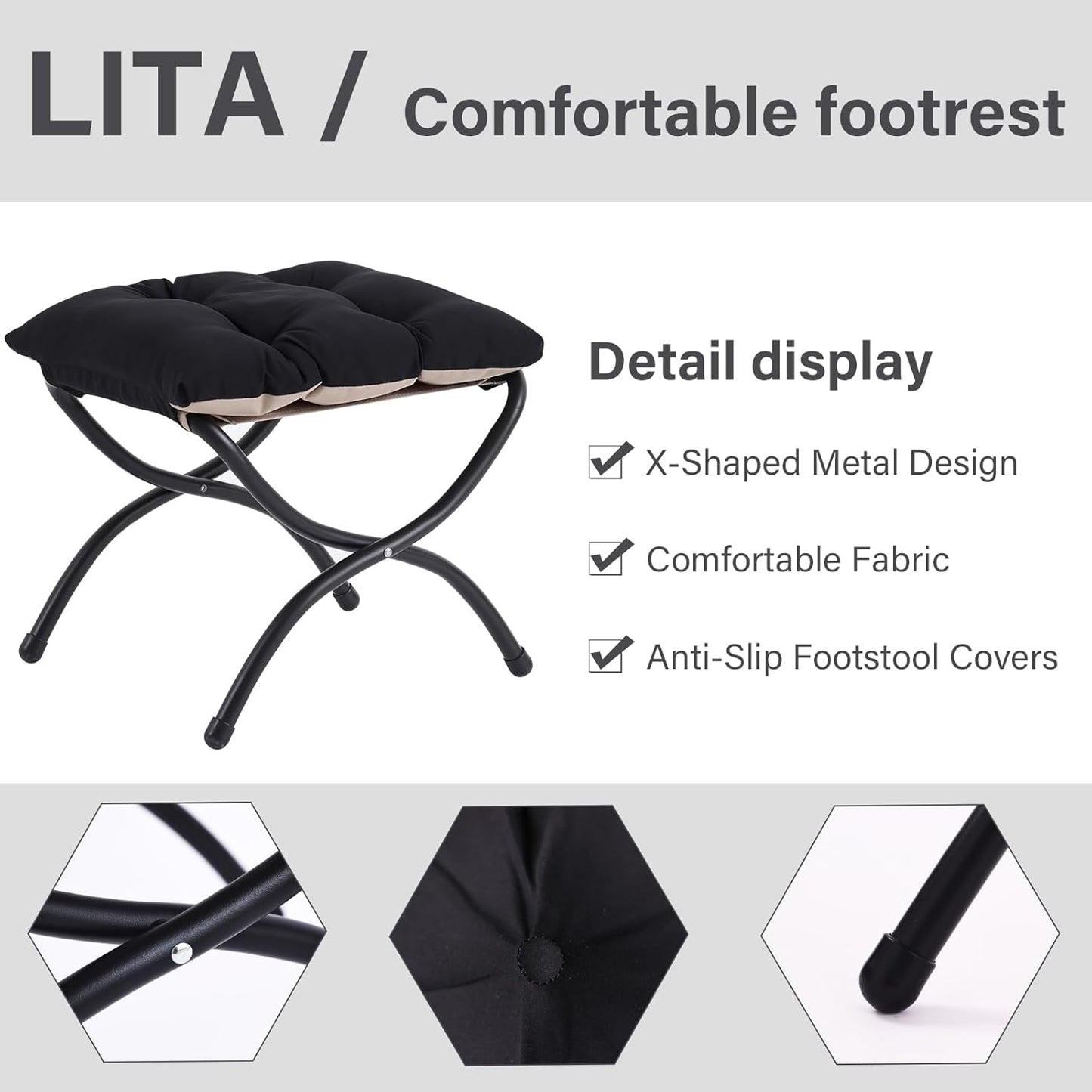 LITA Folding Upholstered Footrest Stool, Modern Small Portable Accent Ottoman with Detachable Thick Cotton Cushion Padded Sofa Stool with Metal Frame for Lazy Chair, Living Room & Bedroom, Black