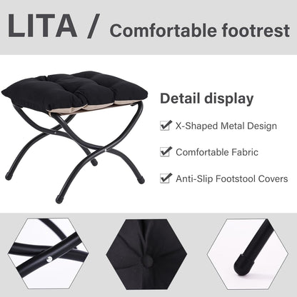 LITA Folding Upholstered Footrest Stool, Modern Small Portable Accent Ottoman with Detachable Thick Cotton Cushion Padded Sofa Stool with Metal Frame for Lazy Chair, Living Room & Bedroom, Black