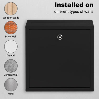 Suggestion Box with Lock and Slot, Wall Mounted Metal Drop Box with 4 Keys, Secure Locking Box for Cash and Ballots, Office Mailbox, 10.4 x 2.9 x 11 Inch, Black