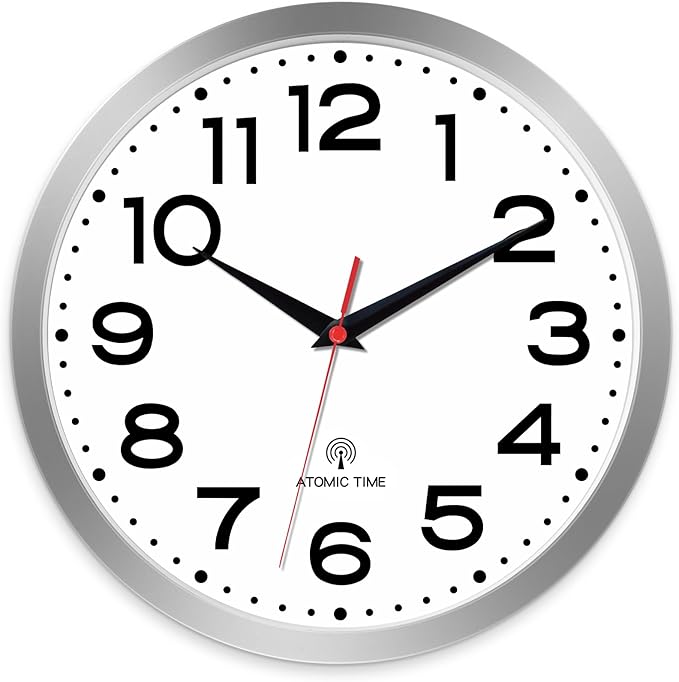 Atomic Wall Clock 10 Inch, Modern Clock Battery Operated Classic Analog Decorative for Kitchen, Living Room, Office, Bedroom, Bathroom (Silver)