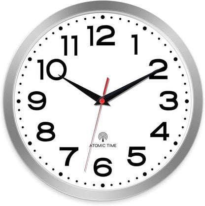 Atomic Wall Clock 10 Inch, Modern Clock Battery Operated Classic Analog Decorative for Kitchen, Living Room, Office, Bedroom, Bathroom (Silver)