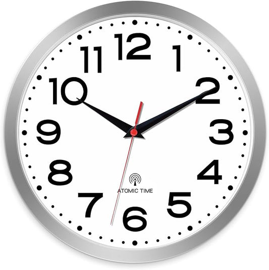 Atomic Wall Clock 12 Inch, Modern Clock Battery Operated Classic Analog Decorative for Kitchen, Living Room, Office, Bedroom, Bathroom (Silver)