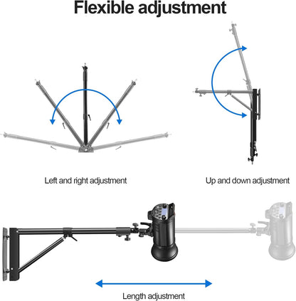Wellmaking Wall Mount Triangle Boom Arm 53inch/135cm Length Adjustable Support 180° Flexible Rotation, Up to 4.26ft. With Tilt Adapter Light Stand with Standard 1/4 to 3/8 Metal Male Screw Photography
