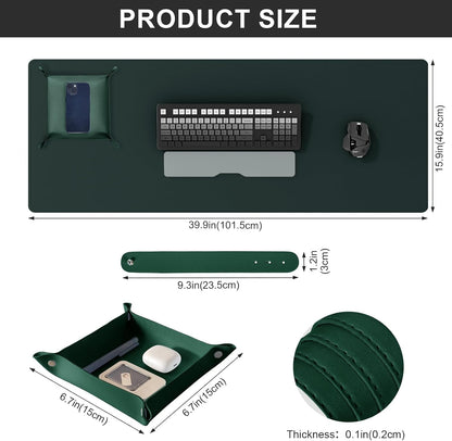 DAWNTREES Dark Green Desk Mat,Leather Desk Pad,40"x16",Cork Desk Mat Protector,with PU Leather Valet Tray Organizer,Large Mouse Pad,Desk Writing Pad for Office and Home