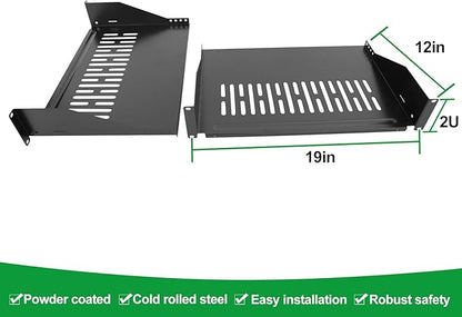 Server Rack Shelf-Universal Vented Rack Mount Cantilever Tray for 19" Network Rack & Cabinet - Heavy Duty Steel - Weight Capacity 80lb-2U H 12" D/ 2 Pieces Packaging GLOBALRACK (2U12, 12INCH)