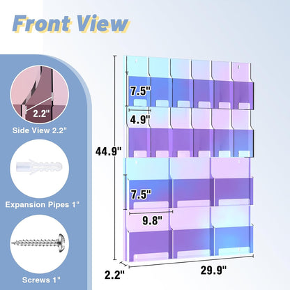 Iridescent Acrylic Wall Mounted Brochure Holder, 6 Magazine Holders and 12 Pamphlet Holders, Color-Shifting Display Rack, Trifold Flyer Rack, Literature Storage Rack for Home, Offices, Waiting Room