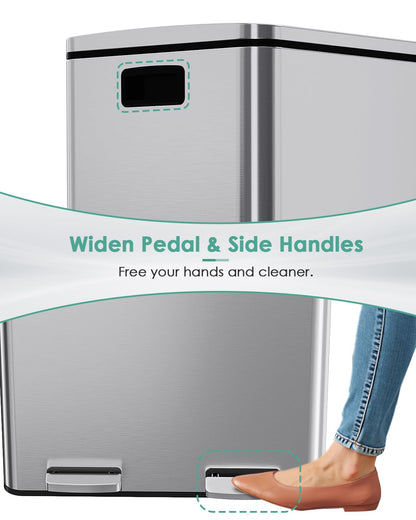 AthLike 60L(16 Gal) Dual Trash Can, Stainless Steel Kitchen Garbage Can, Double Compartment Classified Rubbish Bin, Recycle Dustbin w/Plastic Inner Buckets, Soft-Close Lid, Airtight, Silver