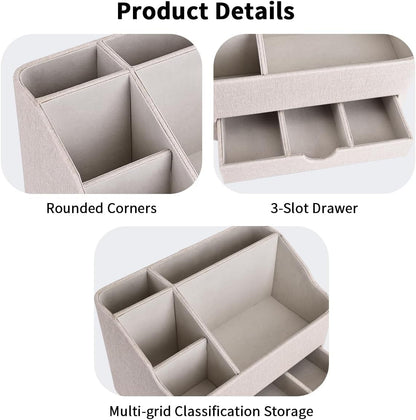 KINGFOM Desk Organizer with Drawer, Multifunction Pencil Holder for Desk, Desk Organizer and Accessories 5 Comparetments for Home Office Supplies (Beige)