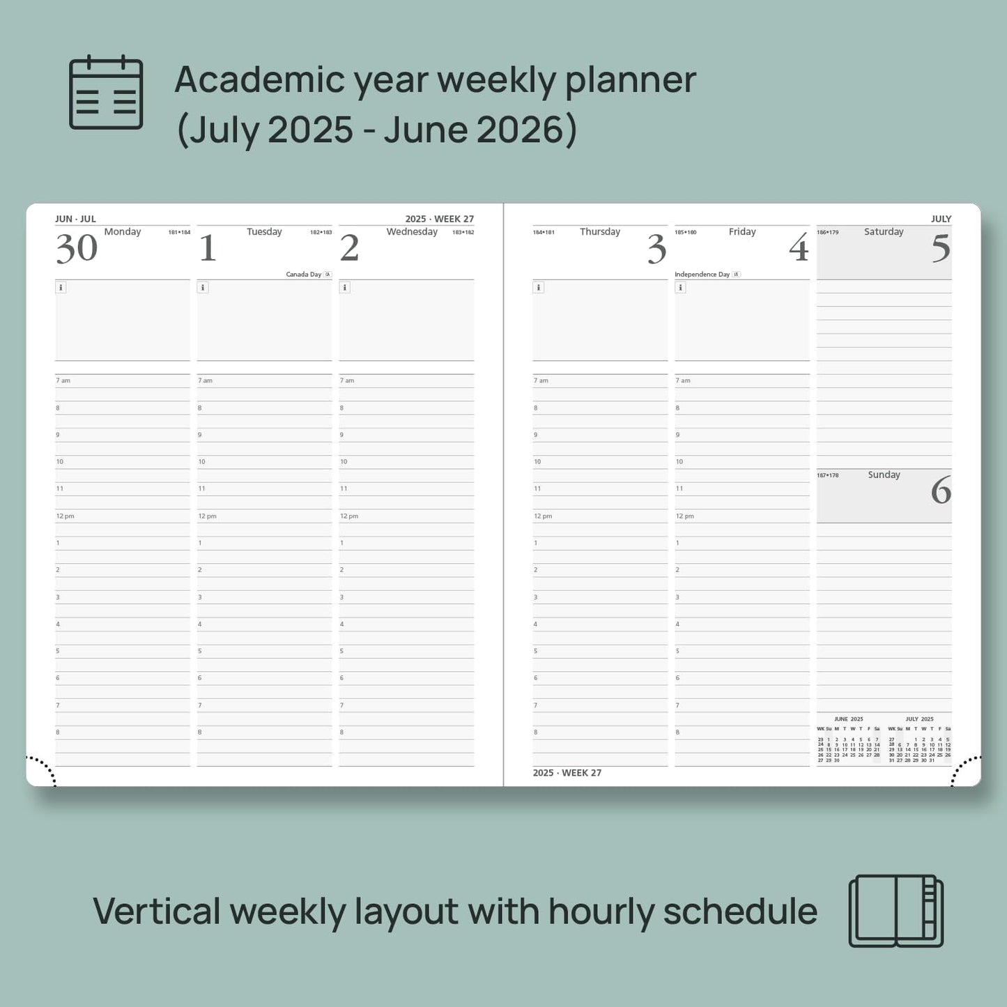 POPRUN Planner 2025-2026 (Large - 8.5'' x 10.5'') Academic Weekly Calendar (July 2025 - June 2026) with Hourly Time Slots, Monthly Tabs, 100GSM Thick Papers, Leather Soft Cover - Green