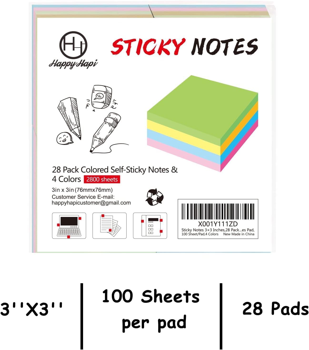 HappyHapi Sticky Notes 3x3 Inches Bulk 28 Pack 2800 Sheets Colored Self-Stick Pads, 100 Sheets/Pad, 4 Bright Colors (Yellow, Green, Pink, Blue) for Office Supplies, School, Home