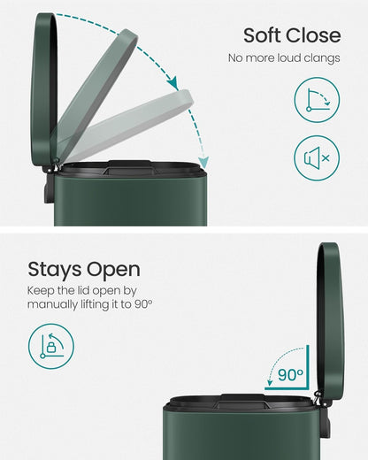 SONGMICS Trash Can with Lid, 8 Gallon Garbage Can, Stainless Steel Small Waste Bin with Step Pedal and Inner Bucket, Soft Close, Kitchen, Retro Green ULTB003C01