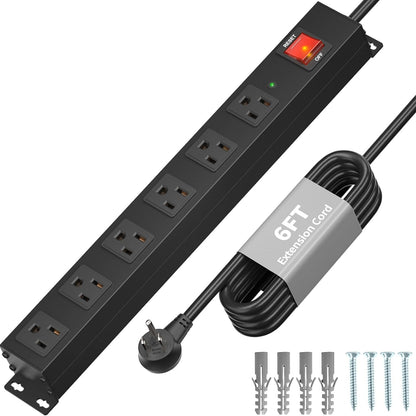 KF Matel 6 Outlet Power Strip Surge Protection 2100J, Heavy Duty Wide Space Power Strip with Flat Plug, 14AWG 6FT Extension Cord for Home, Garage, Shop