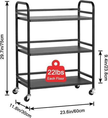HDANI 3 Tier Metal Utility Multipurpose Rolling Cart,Large Capacity Heavy Duty Cart with Lockable Wheels Rolling Cart with 2 Lockable Wheels for Home,Office,Kitchen,Bathroom,Bedroom(Black)