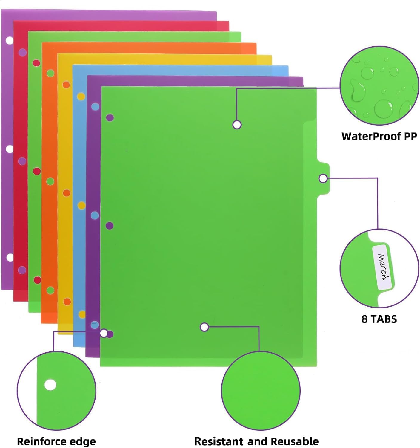 Colorful Binder Dividers with Tabs,Plastic Index with 5-Tabs,for 3 Ring Binder,6 Sets