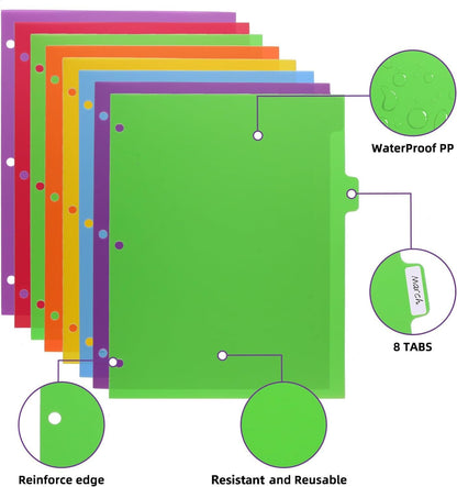 Colorful Binder Dividers with Tabs,Plastic Index with 8-Tabs,for 3 Ring Binder,6 Sets