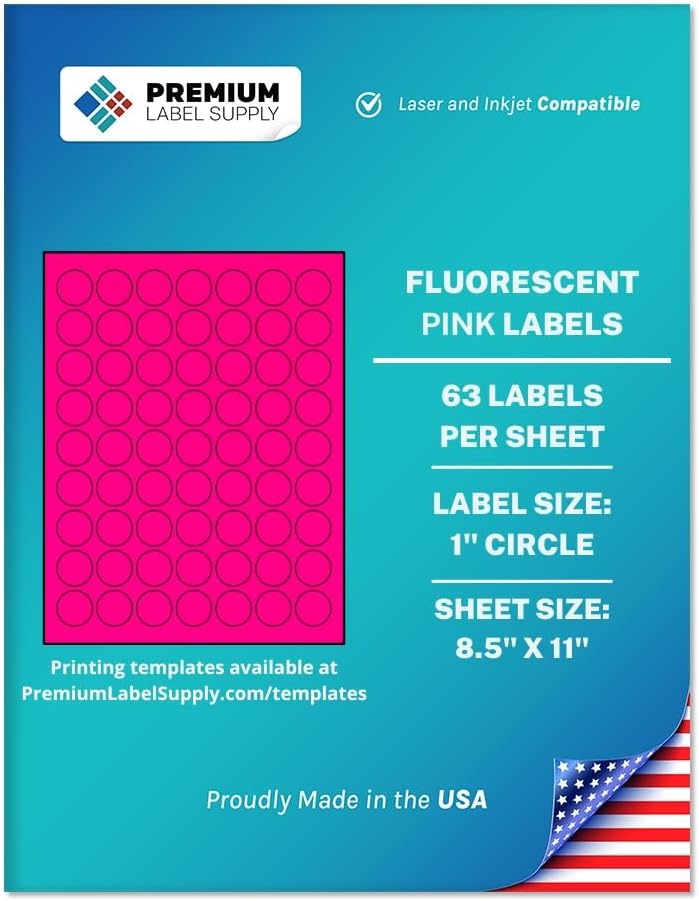 Premium Label Supply Bright Neon Color Fluorescent Sticker Labels - 1" Round Labels - (Fluorescent Pink, 63,000 Labels)