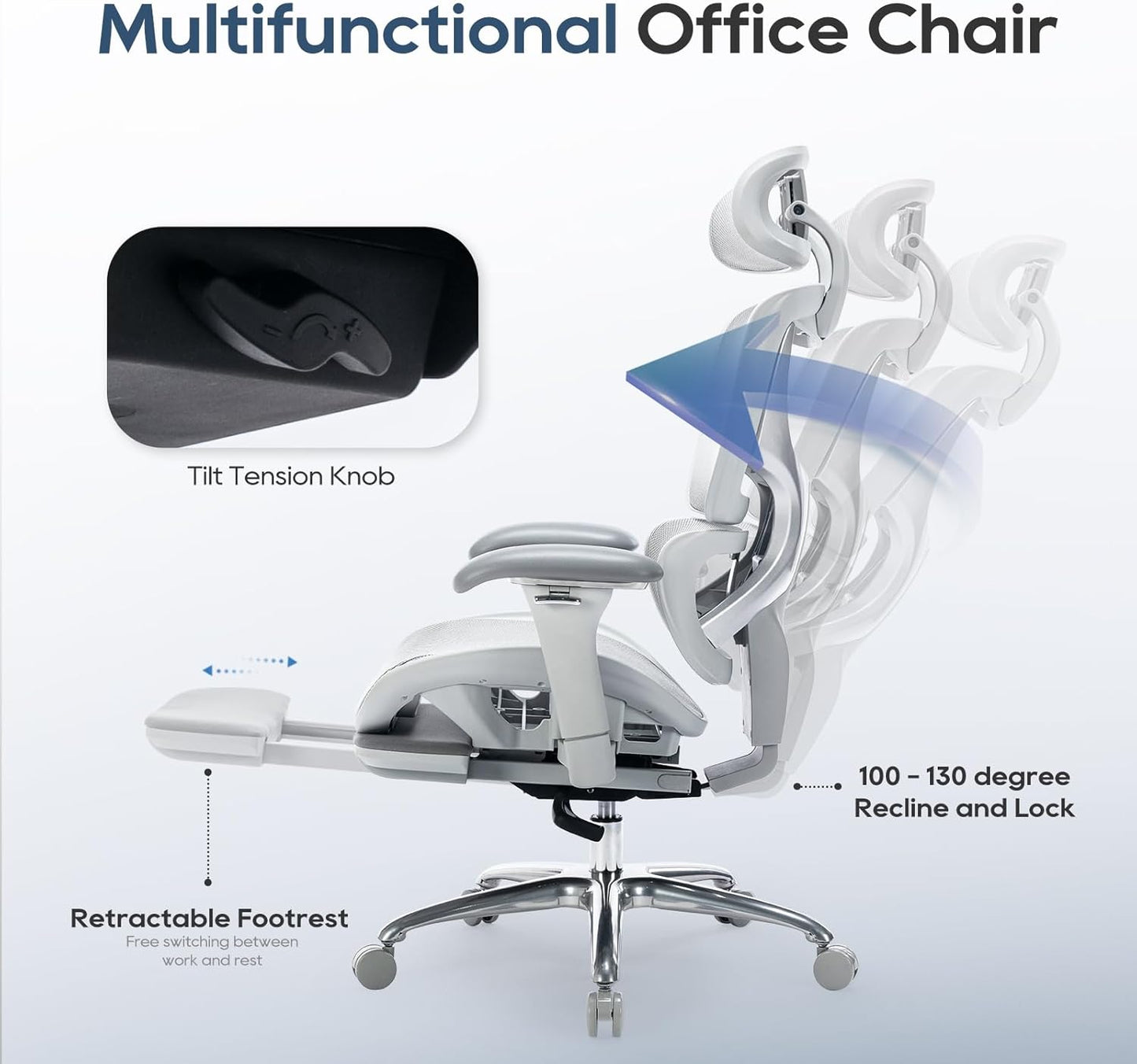 COLAMY Ergonomic Mesh Office Chair, Ergonomic Desk Chair with Footrest, Executive High Back Computer Desk Chair with Lumbar Support, Headrest and Adjustable 3D Arms, Tilt Lock and Lumbar Support-Grey
