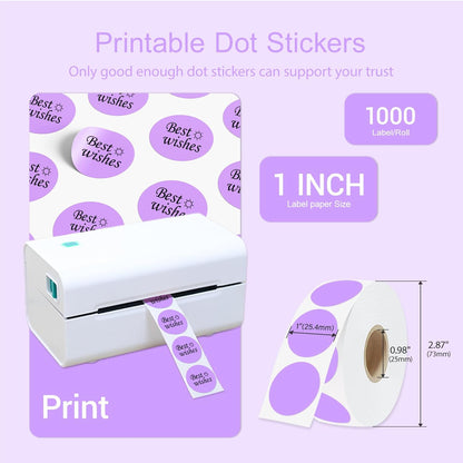 1 Inch Circle Dot Stickers 1000 PCS Color Coding Thermal Labels Dots Writable Printable Small Round Stickers for Office, Classroom, Inventory, Garage, Organizing Storage, Light Purple