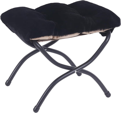 LITA Folding Upholstered Footrest Stool, Modern Small Portable Accent Ottoman with Detachable Thick Cotton Cushion Padded Sofa Stool with Metal Frame for Lazy Chair, Living Room & Bedroom, Plush Black