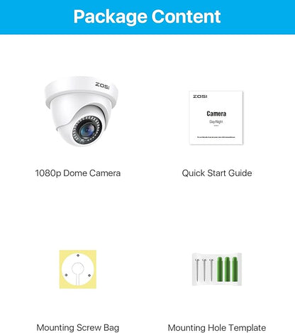 ZOSI 2.0MP 1080P 1920TVL HD-TVI CCTV Security Dome Camera Outdoor Indoor,80ft IR Night Vision,for HD-TVI, AHD, CVI 720P,1080P,5MP,4K Analog Surveillance DVR