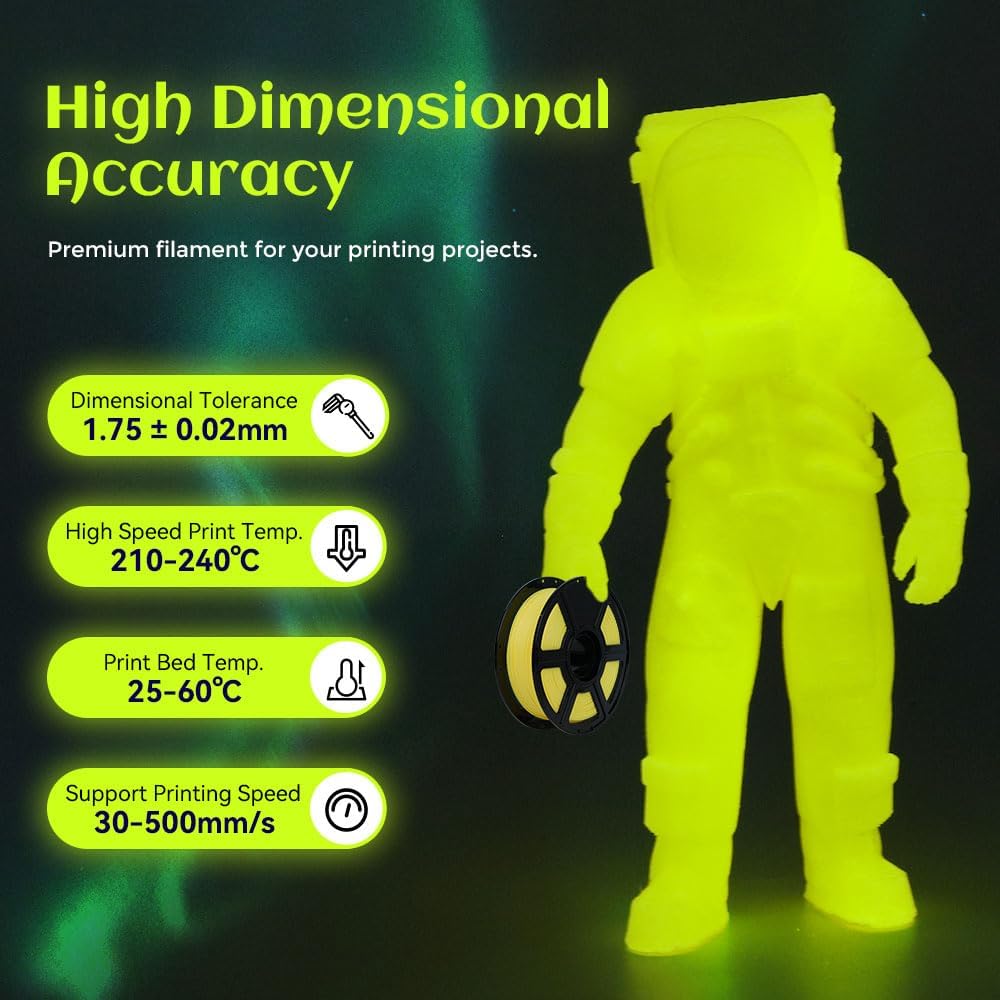 FLASHFORGE Glow in The Dark Rapid PLA Filament 1.75mm, High Flow Speedy 3D Printer Filament Luminous Yellow, Max 500mm/s High-Speed Printing, High Brightness and Long-Lasting Glowing Effect