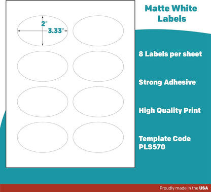 Premium Label Supply White Sticker Oval Labels – 3.33" x 2" Oval – Laser/Inkjet Compatible – (8 per Sheet), 25 Sheets – 200 Total Adhesive Labels