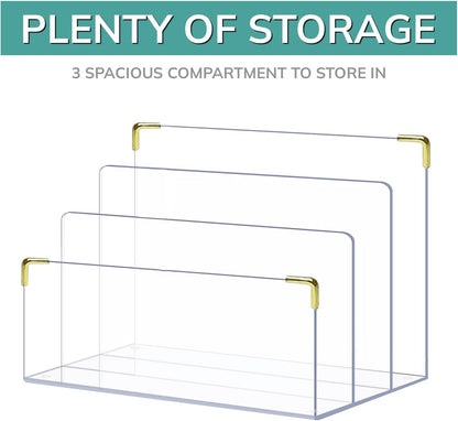 pbf Acrylic File Holder | Clear File Organizer for Desk w/Gold Accents | Acrylic Desk Organizer, Folder Holder, Mail Sorter, File Stand, Magazine Divider, Laptop, Notebook, & Letter Organizer