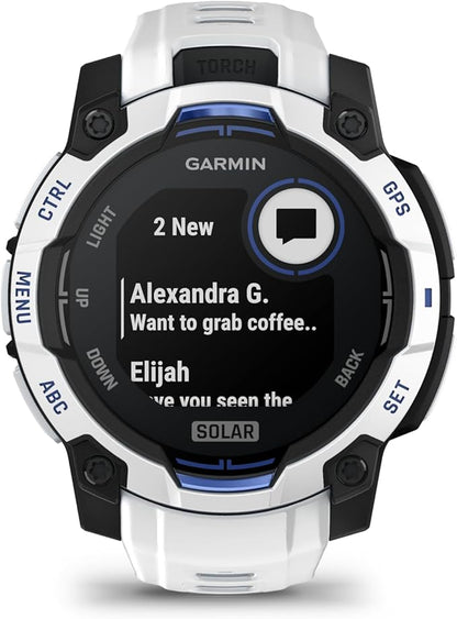 Garmin Instinct® 3 – 45 mm, Solar, Rugged Outdoor GPS Smartwatch, Built-in Flashlight, Supernova Collection Limited Edition Color, Whitestone with Whitestone/Bolt Blue Silicone Band