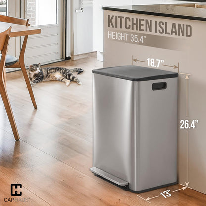 CAPHAUS Dual Trash Can with Lid, Trash and Recycling Bins Combo for Kitchen, Hands-Free Stainless-Steel Garbage Can with 2 Compartment, Hinged Lid, Odor Filter, Handles, 30L+30L, 2 x 8 Gallon
