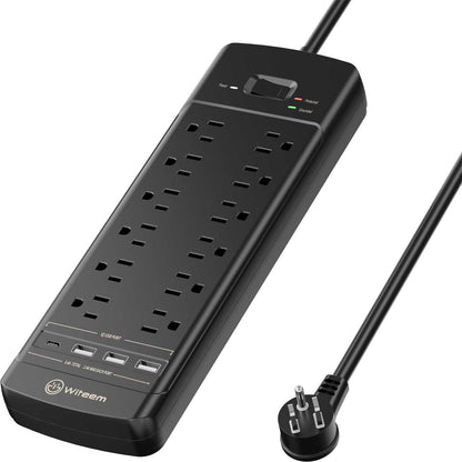 Surge Protector Power Strip - 12 Outlets,3 USB+USB-C 3.4A Ports, 6Ft Extension Cord, 1875W/15A, 4360Joules, Overload Protection - Ideal for Home & Office Use (Black-USBC)