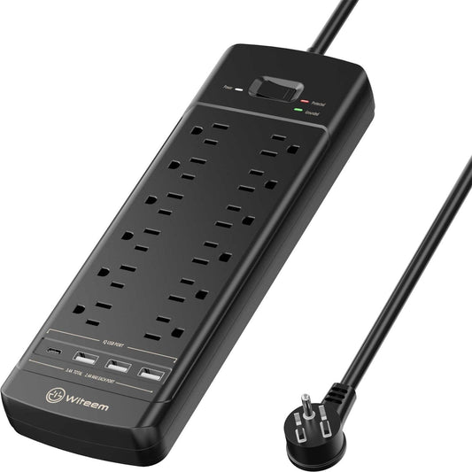 Surge Protector Power Strip - 12 Outlets,3 USB+USB-C 3.4A Ports, 6Ft Extension Cord, 1875W/15A, 4360Joules, Overload Protection - Ideal for Home & Office Use (Black-USBC)