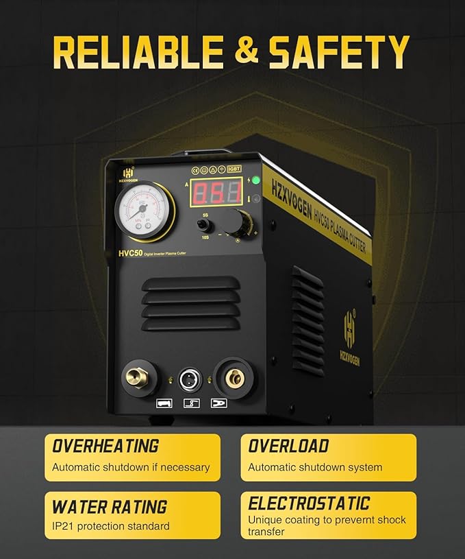 H HZXVOGEN Plasma Cutter, 50A Portable Plasma Cutter with Post Flow, 110/220V Dual Voltage Digital Display DC IGBT Inverter HF Air Plasma Cutting Machine, 1/3 inch Clean Cut for Beginners DIY(HVC50)