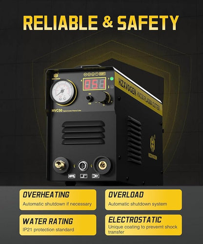 H HZXVOGEN Plasma Cutter, 50A Portable Plasma Cutter with Post Flow, 110/220V Dual Voltage Digital Display DC IGBT Inverter HF Air Plasma Cutting Machine, 1/3 inch Clean Cut for Beginners DIY(HVC50)