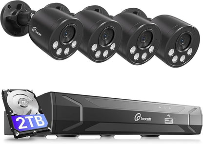 Loocam 4K Security Camera System 8CH H.265+NVR with 2TB HDD, 4pcs 8MP Wired PoE Camera System AI Human Vehicle Detection, Outdoor Indoor Home Camera System with Audio, Night Vision, 24/7 Recording