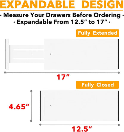 SpaceAid Bamboo Dresser Drawer Dividers 6 Pack, 4.65“ High Adjustable 12.5“-17” Drawer Organizers, Expandable Organization for Clothing, Clothes, Dressers, White