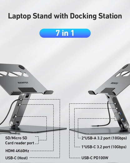 BENFEI Laptop Stand with USB C 7in1 Docking Station,HDMI 4K@60Hz,1*SD 1*Micro SD,100W Power Delivery,10Gbps 1*USB C 3.2 and 2*USB A 3.2 Compatible with MacBook Pro/Air, iPad Pro, XPS, Thinkpad