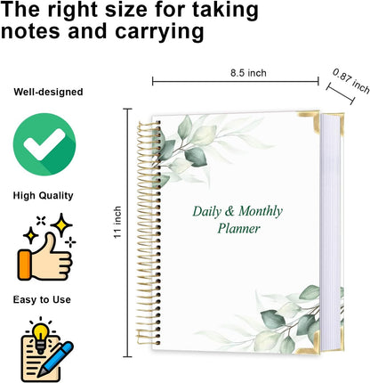 Undated Daily Monthly Planner for 2025 2026 - A4 To Do List with Hourly Schedule, Hardcover Spiral Bound Daily Planner to Increase Focus, Stylish School/Office Supplies, 8.5" x 11", Green Leaf