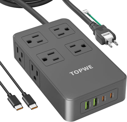 Power Strip Surge Protector with Multiple Outlets, Charging Station(100W Max), Flat Plug Extension Cord 10 Ft Long Cord, 8 Outlets & 4 USB Ports (2 USB C), Desk Charging Station for Home Office
