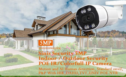 Sinis 5mp Security IP Camera, Human & Motion Detection,100Ft Dual Light Night Vision, Wired Only Work with NVR, IP67, 2.8mm Lens, Build in Mic, Surveillance Outdoor Indoor PoE Bullet Camera