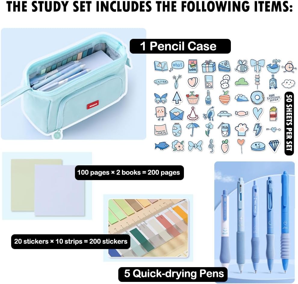 HVOMO Stationery Set,1 large-capacity pencil case,5 quick-drying pens,50 waterproof stickers,2 sticky note pads(200 sheets),1 set of 10-color index labels (200 sheets),Student stationery gift (Blue)