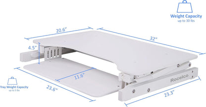 Rocelco 32" Height Adjustable Standing Desk Converter - Quick Sit Stand Up Dual Monitor Riser - Gas Spring Assist Tabletop Computer Workstation - Large Retractable Keyboard Tray - White (R ADRW)