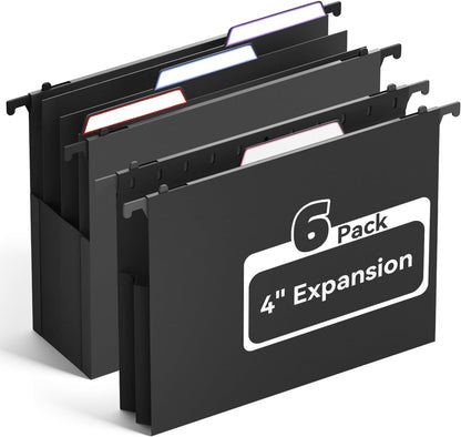 Ansook Plastic High Capacity Hanging File Folders,Heavy Duty 4”Expansion Accordian Pocket,Staggered Tabs with Movable Dividers, Extra Wide,Letter Size,Hanging Organizer for Filing Cabinet,6 Pack,Black