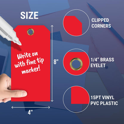 Tags 4 Less 15 Mil Waterproof Plastic Tags, Pack of 100 – 4” x 8” Heavy Duty Plastic Tags for Labeling, Outdoor Tagging, Equipment Labeling, Luggage, Valves & More (Red)