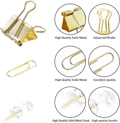 Gold Paper Binder and Clips Set, Metal Assorted Sized Binders with Push Pins, Cute Office Supplies, Teacher Desk Must Haves, Desk Accessories