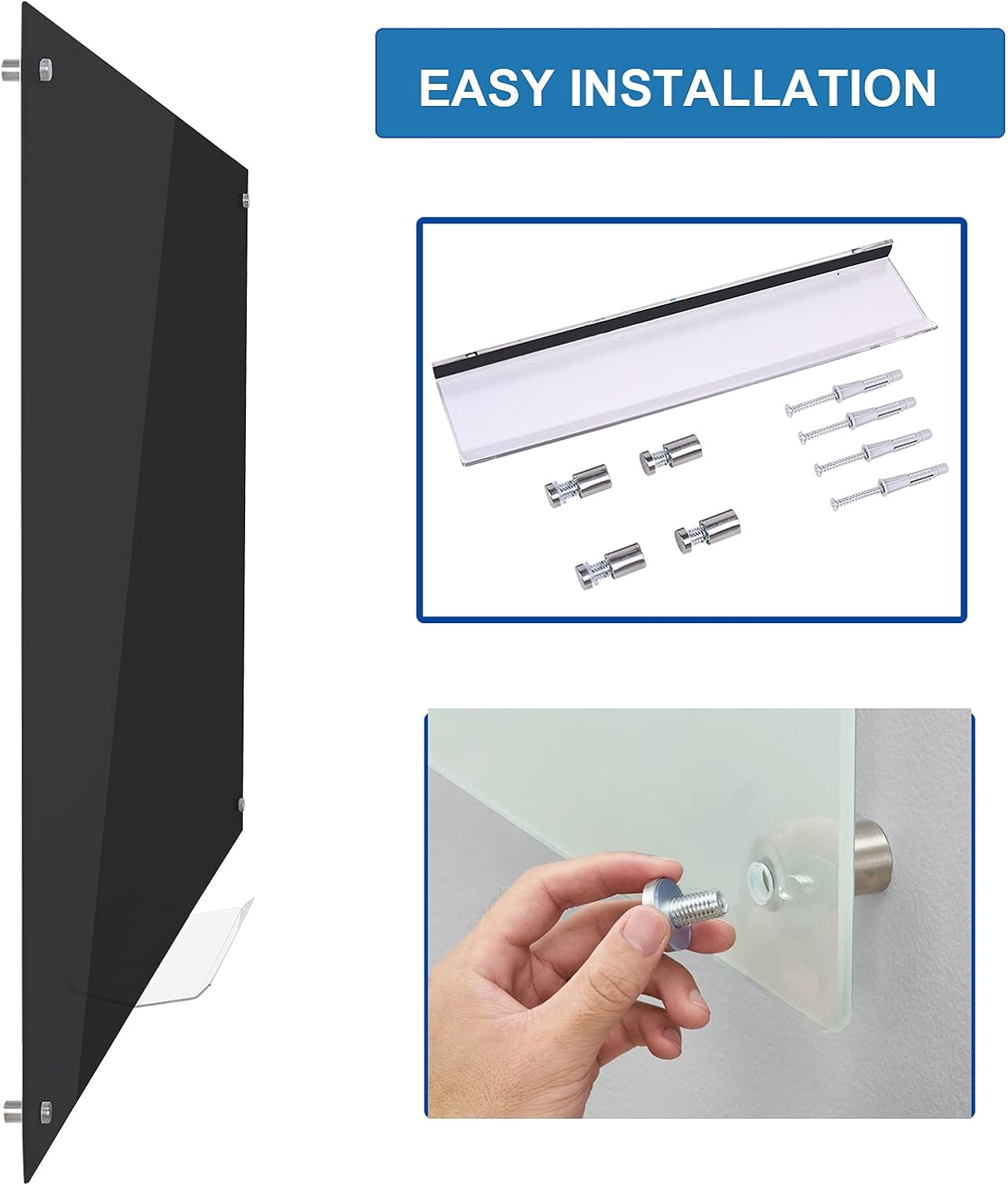 72" x 48" Black Extra Large Glass Whiteboard 6' x 4' Frameless Tempered Black Glass Dry Erase Board with Marker Tray for Interactive Office, Wall Mounted Frosted Glass Whiteboard