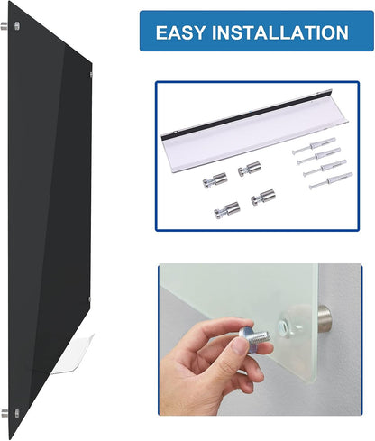 72" x 48" Black Extra Large Glass Whiteboard 6' x 4' Frameless Tempered Black Glass Dry Erase Board with Marker Tray for Interactive Office, Wall Mounted Frosted Glass Whiteboard