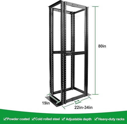4-Post 42U Open Frame Server Rack for 19" IT Network Equipment & A/V Devices，22"-34" Adjustable Depth，Heavy Duty Free Standing Rack for Servers & AV Gear 4POST-N42U